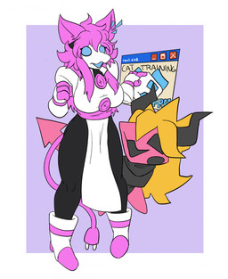 anthro breasts clothing duo female footwear hair high_heels horn implied_transformation open_mouth pink_hair shoes simple_background smile spade_tail standing surprised tail white_body white_clothing cakebatterbossmonster deltarune microsoft microsoft_windows undertale_(series) tasque_manager domestic_cat felid feline felis mammal virovirokun 2026 digital_media_(artwork) hi_res
