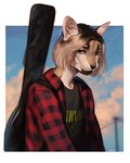 anthro band_merch black_nose clothed clothing eyebrows eyelashes flannel_shirt guitar_case hair looking_at_viewer male solo dannoitanart nirvana domestic_cat felid feline felis mammal 2022 digital_media_(artwork) half-length_portrait hi_res portrait