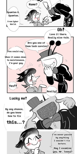 clothing dialogue duo electronics for_a_head hat headgear headwear male not_furry open_mouth screen screen_face simple_background teeth television text spmtnlove deltarune undertale_(series) tenna_(deltarune) addison_(deltarune) darkner humanoid object_head screen_head tv_head absurd_res comic digital_media_(artwork) english_text hi_res