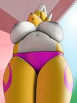 anthro big_breasts breasts clothed clothing female huge_breasts low-angle_view nipples panties slightly_chubby solo stretching topless under_boob underwear creatiffy bandai_namco digimon canid digimon_(species) mammal renamon digital_media_(artwork) hi_res