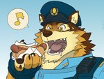 anthro bodily_fluids clothing countershading drooling eating food hot_dog male musical_note musical_symbol police police_hat police_uniform saliva solo symbol uniform butusan_p lifewonders live_a_hero barrel_(live_a_hero) canid canine canis mammal wolf 4:3