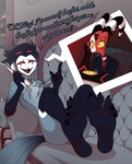 anthro barefoot calling dialogue duo feet furniture male male/male nude sofa soles foot_ninja15 helluva_boss blitzo_(helluva_boss) stolas_(helluva_boss) avian bird demon imp owl absurd_res digital_drawing_(artwork) digital_media_(artwork) hi_res