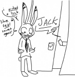 2016 anthro black_and_white clothed clothing dialogue disney duo english_text female fully_clothed fur jack_savage judy_hopps lagomorph leporid line_art long_ears looking_down male mammal monochrome necktie offscreen_character rabbit simple_background speech_bubble standing text the_weaver white_background yelling zootopia