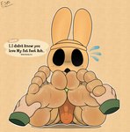 5_toes anthro barefoot bodily_fluids brown_body clothed clothing dialogue disembodied_hand duo feet female foot_fetish foot_focus foot_rub humanoid_feet plantigrade sitting soles sweat sweaty_feet toes electricsnowfox animal_crossing nintendo coco_(animal_crossing) gyroid lagomorph leporid mammal rabbit hi_res