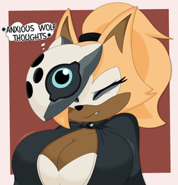 accessory anthro big_breasts blonde_hair breasts brown_body brown_fur cleavage cloak clothed clothing eyebrows eyelashes eyes_closed facial_markings female fur hair hair_accessory hair_tie head_markings huge_breasts markings mask mask_(marking) ponytail solo text thought_bubble worried 3barts idw_publishing sega sonic_the_hedgehog_(comics) sonic_the_hedgehog_(idw) sonic_the_hedgehog_(series) whisper_the_wolf canid canine canis mammal wolf 2026 absurd_res digital_drawing_(artwork) digital_media_(artwork) english_text hi_res