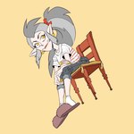 chair clothing female footwear furniture grey_hair hair lipstick makeup mature_female not_furry ponytail red_lipstick shoes sitting slippers socks solo tied_hair yellow_eyes dana_terrace disney the_owl_house eda_clawthorne humanoid witch_(the_owl_house) 1:1 2019 official_art