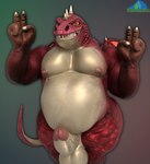 anthro balls belly big_balls big_belly big_penis genitals gesture gradient_background hand_gesture horn looking_at_viewer male musclegut muscular nipples pale_scales pecs penis red_body red_eyes red_scales scales simple_background smile smiling_at_viewer solo tail teeth_showing v_sign wide_hips wings yellow_eyes albalbalb european_mythology giana_sisters mythology gurglewocky_(giana_sisters) dragon mythological_creature mythological_scalie scalie western_dragon 2025 3d_(artwork) digital_media_(artwork) hi_res watermark