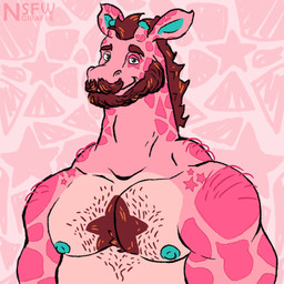 anthro beard blue_nipples body_hair chest_hair chest_tuft clothed clothing facial_hair hairy hairy_shoulders male male_anthro musclegut muscular muscular_anthro muscular_male nipples pink_body solo topless topless_anthro topless_male tuft conditional_dnp nsfwgiraffe giraffe giraffid mammal 1:1 absurd_res hi_res