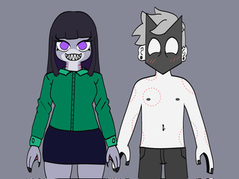 anthro bite_mark black_hair blush clothing duo female green_clothing grey_body grey_hair hair long_hair male male/female purple_eyes shark_teeth white_body reizo666 daniela_sanchez fan_character aquatic fish human mammal shark hi_res trans_(lore) trans_woman_(lore)