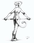 anthro barely_visible_breasts breasts butt feet female long_tail looking_back nude pointy_ears prick_ears rear_view solo tail 1-evil-lemur felid mammal 2000 archived_source black_and_white monochrome traditional_media_(artwork)