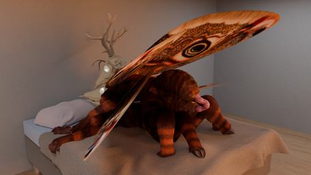4_arms antennae_(anatomy) anthro antlers arthropod_abdomen bed bedroom bone egg fur furniture glowing glowing_eyes herm horn intersex intersex/intersex male multi_arm multi_limb oviposition ovipositor selfcest skull skull_head square_crossover striped_body striped_fur stripes wings catha'vi catha'vi_(character) arthropod insect mammal 16:9 hi_res widescreen nonbinary_(lore)