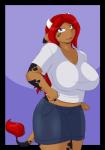 anthro big_breasts breasts clothed clothing female hair horn long_hair purple_eyes red_hair solo tail cainesart terra bovid bovine cattle mammal hi_res