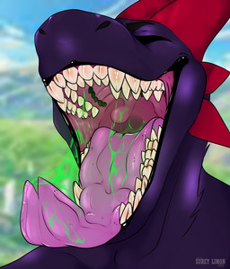 anthro anthro_pred bodily_fluids dripping fangs goo_drip horn male male_pred mouth_shot muscular muscular_anthro muscular_male open_mouth purple_body purple_flesh red_eyes sharp_teeth slime solo spikes spikes_(anatomy) teeth uvula vore willing_pred surylimon mythology devourer_(razor_koopa) dragon goo_creature goo_dragon mythological_creature mythological_scalie scalie 2022 absurd_res hi_res