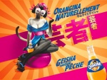 advertisement anthro asian_clothing biped breasts cleavage clothed clothing east_asian_clothing female geisha japanese_clothing legwear sitting solo stockings tail text ffl_paris orangina domestic_cat felid feline felis mammal siamese french_text japanese_text official_art translated