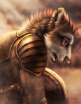 anthro armor beard biped blurred_background brown_body brown_fur detailed_fur ear_piercing ear_ring eye_scar facial_hair facial_piercing facial_scar fangs frown fur gladiator hair holding_object holding_shield kneeling looking_down male nose_piercing nose_ring notched_ear open_mouth piercing ring_piercing scar septum_piercing shield short_hair shoulder_guards side_view solo spaulder teeth warrior whiskers white_body white_fur cedarwolf bear hybrid hyena mammal short-faced_bear spectacled_bear spotted_hyena 2012 detailed half-length_portrait portrait signature