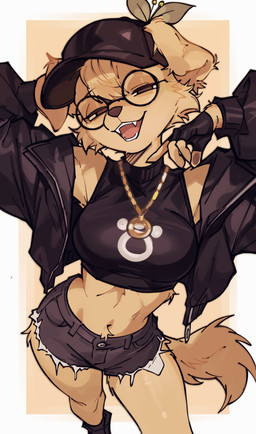 anthro athletic athletic_female black_clothing black_crop_top black_shirt black_topwear bottomwear brown_body brown_eyes brown_fur clothing crop_top cropped_jacket eyewear fangs female fingerless_gloves floppy_ears fluffy fluffy_tail fur glasses gloves handwear hat headgear headwear hotpants jewelry looking_at_viewer navel necklace open_mouth plant shirt shorts simple_background soft_abs solo tail teeth topwear chantiyii berri_(cherry_beries) canid canine canis domestic_dog elemental_creature flora_fauna mammal 2025 absurd_res hi_res