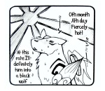 amaterasu_(okami) ambiguous_gender black_and_white bodily_fluids canid canine canis capcom clover_studio comic deity english_text feral mammal monochrome okami_(capcom) pooch's_diary simple_background solo sun sweat text unknown_artist white_background wolf