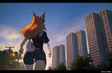 anthro biped black_bars bottomwear butt claws clothed clothed_anthro clothed_female clothing cloud female fingers fully_clothed fully_clothed_anthro fully_clothed_female fur hair outside plant rear_view sky solo spots star tail topwear tree iskra felid feline lynx mammal 2026 absurd_res digital_drawing_(artwork) digital_media_(artwork) hi_res letterbox