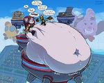 anthro belly big_belly blue_sky duo female huge_belly hyper hyper_belly machine obese outside overweight simple_background sitting sky stuffing text lowkey ratchet_and_clank sony_corporation sony_interactive_entertainment kit_(ratchet_and_clank) rivet_(ratchet_and_clank) lombax mammal robot 2023 hi_res