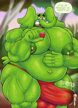 anthro areola arm_hair beard bodily_fluids body_hair chest_hair clothing dialogue dripping erection erection_under_clothing eyewear facial_hair genital_fluids glasses green_areola green_body green_nipples green_skin half-closed_eyes happy_trail leg_hair male muscle_tone muscular muscular_anthro muscular_male narrowed_eyes navel navel_piercing nipple_piercing nipple_ring nipples open_mouth open_smile outie_navel pecs piercing precum precum_drip precum_string proboscis_(anatomy) ring_piercing smile speech_bubble text thong trunk_(anatomy) tusks underwear furryonline1 hotdogsauau elephant elephantid mammal proboscidean artist_collaboration hi_res spanish_text translation_request