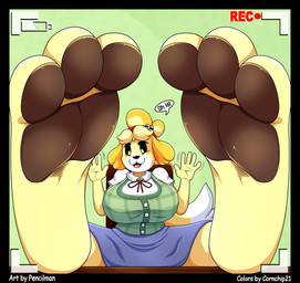 3_toes 5_fingers anthro big_breasts black_border border breasts brown_pawpads camera_view clothed clothing dialogue dress feet feet_up female fingers foot_focus humanoid_feet looking_at_viewer pawpads paws plantigrade recording soles solo supported_legs text toes cornchip21 heartman98 animal_crossing nintendo isabelle_(animal_crossing) canid canine canis domestic_dog mammal english_text hi_res
