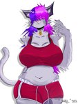 anthro bell bell_collar belly big_breasts breasts cat_tail collar fur genitals grey_body grey_fur gynomorph hair hair_over_eyes intersex penis pink_hair purple_hair solo thick_thighs inky0902_(artist) squishyskunk squishy_(squishyskunk) felid humanoid mammal 3:4 absurd_res hi_res