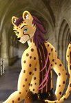 anthro assassin blue_eyes castle fierce fur hair looking_back male medieval muscular pose scar shirtless solo lucareelo cheetah felid feline mammal absurd_res hi_res