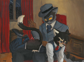 anthro bottomwear bottomwear_down butt butt_slap clothed clothing discipline dominant dominant_male duo formal_wear male pants pants_down partially_clothed slap spank_marks_on_ass spanked_butt spanking submissive submissive_male bravadospice lackadaisy atlas_may mordecai_heller animal_humanoid cat_humanoid domestic_cat felid felid_humanoid feline feline_humanoid felis humanoid mammal mammal_humanoid