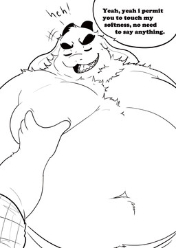 anthro belly clothed clothing grope groping_chest horn long_ears male navel overweight sharp_teeth solo teeth topless topless_anthro topless_male rinhatsuyuki senzei demon lagomorph leporid mammal rabbit absurd_res hi_res