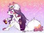 beverage canid canine clothed clothing energy_drink eyewear female fluffy fluffy_tail glasses hair leafie long_hair mammal sad sitting solo tail tanuki_(character) tattoo