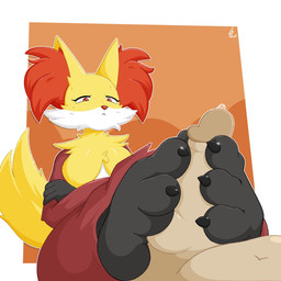 3_toes anthro black_feet black_hands bodily_fluids claws crossed_arms duo feet female fluffy foot_fetish foot_focus foot_play footjob fur genital_fluids genitals human_on_anthro interspecies lying male on_back penile penis precum red_body red_eyes red_fur red_nose sex simple_background sitting tail toe_claws toes two-footed_footjob white_body white_fur yellow_body yellow_fur burtreex nintendo pokemon canid canine delphox fox generation_6_pokemon human mammal pokemon_(species) 1:1 digital_media_(artwork) hi_res signature