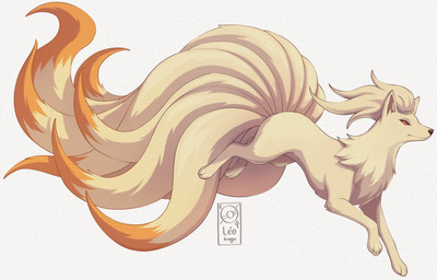 9_tails ambiguous_gender blonde_hair feral fur hair looking_at_viewer multi_tail paws red_eyes simple_background solo tail yellow_body yellow_fur leoiruga nintendo pokemon canid generation_1_pokemon mammal ninetales pokemon_(species) 2026 hi_res signature