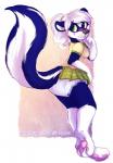 adolescent ageplay anthro blue_body blue_fur blush bottomwear clean_diaper clothed clothing diaper female fur green_eyes hair infantilism pawpads purple_blush roleplay simple_background skirt solo standing wearing_diaper white_hair young applepup taki_(takikuroi) mammal mephitid skunk 2016 watermark adult_(lore)