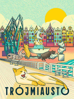 ambiguous_gender baroque_architecture black_body black_fur blue_sky crane_(machine) feral fountain fur grey_body grey_fur group outside sculpture shadow sky statue text yellow_body yellow_fur yellow_sun agnieszka_delew domestic_cat felid feline felis mammal 2025 hi_res polish_description polish_text translated_description