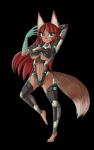 anthro armor barefoot biped brown_body brown_fur clothed clothing feet female fur green_eyes hair long_hair looking_at_viewer navel raised_arm raised_leg red_hair simple_background skimpy smile solo transparent_background unconvincing_armor white_body white_fur raptor007 kitsu canid canine fox mammal 2015 alpha_channel hi_res