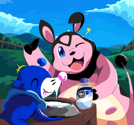 ambiguous_gender anthro blue_body blue_eyes bottle bovine_teats bovine_udders bowl cloud container duo emanata eyes_closed female feral fingers gesture hand_gesture hooved_fingers hooves horn looking_at_viewer markings milk milk_bottle milk_container moomoo_milk nipples one_eye_closed open_mouth pink_body size_difference sky star tail teats thumbs_up tongue tongue_out udders whisker_markings wink winking_at_viewer sleepy_sealion nintendo pokemon bovid bovine generation_2_pokemon generation_7_pokemon mammal miltank pokemon_(species) popplio 2025 absurd_res dated hi_res signature