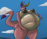 anthro belly big_belly big_breasts bodily_fluids breasts clenched_teeth cloud eyes_closed female hand_on_belly holding_belly horn lifting_belly nipples nude obese obese_anthro obese_female outside overweight overweight_anthro overweight_female raised_tail sky solo standing sweat tail teeth shinysteel activision european_mythology mythology spyro_the_dragon ember_(spyro) dragon mythological_creature mythological_scalie scalie western_dragon 2020