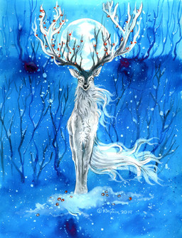antlers berry empty_eyes food fruit fur grey_body grey_fur horn male moon night plant snow solo tree white_body white_eyes white_fur wind winter wood heather_bruton deer mammal 2019
