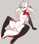 aeveno_(artist) anthro black_body breasts egg egg_from_pussy female fur genitals green_eyes hair hi_res horn long_ears oviposition pussy red_body red_fur red_stripes scalie simple_background sketch solo spread_legs spreading stripes white_body white_hair