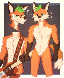 abs anthro athletic athletic_male ear_piercing ear_ring electric_guitar featureless_crotch guitar male musical_instrument pecs piercing plucked_string_instrument ring_piercing solo string_instrument tongue tongue_out windy_solstice i_think_i_like_you jax_(i_think_i_like_you) canid canine fox mammal hi_res