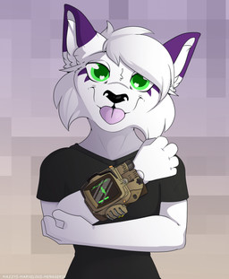 anthro clothed clothing fur hair looking_at_viewer male pip-boy simple_background smile solo tongue topwear chaoticmazzy fallout microsoft tycho_(character) domestic_cat felid feline felis mammal absurd_res digital_media_(artwork) hi_res