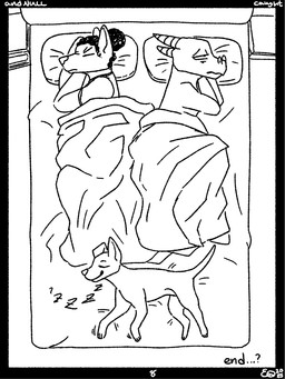 angry anthro bed bedding blanket clothed clothing feral furniture onomatopoeia partially_clothed sharing_bed sleeping sound_effects text top_down qwaxi~lixard canid canine canis domestic_dog lizard mammal reptile scalie 3:4 black_and_white comic hi_res monochrome