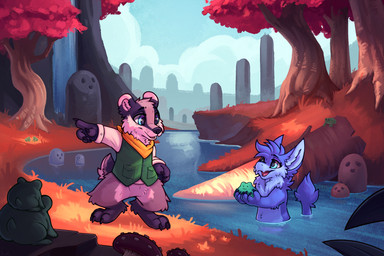 ambiguous_gender anthro autumn blue_body blue_fur bottomless bottomless_male carrying_another claws clothed clothing day featureless_crotch female feral fur gesture grass group hand_gesture holding_another inner_ear_fluff log looking_at_another male neck_tuft outside partially_submerged plant pointing river rock standing topwear tree tuft vest water waterfall wood yurusa baz_badger harzipan amphibian badger frog mammal monster mustelid musteline 2025 3:2 hi_res