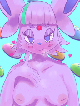 anthro areola bangs bedroom_eyes blush breasts eyeshadow female freckled_breasts freckles ghost_nipples highlights_(coloring) makeup narrowed_eyes poffin seductive solo text daybreakfade nintendo pokemon ambrosia_(daybreakfade) eeveelution espeon generation_2_pokemon pokemon_(species) 3:4 absurd_res english_text hi_res huge_filesize