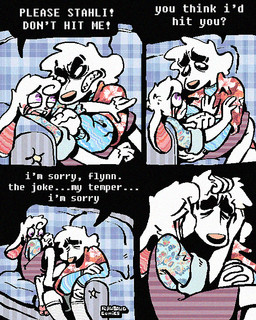 4_panel_comic aloha_shirt anthro bodily_fluids cheek_spots clenched_teeth clothing crying dialogue duo ears_down eye_roll eyes_closed floppy_ears kissing_cheek male overalls pattern_clothing pattern_shirt pattern_topwear pawpads paws pink_pawpads pivoted_ears scared sharp_teeth shirt tears teeth text tooth_gap topwear rawdawgcomics bingus_(rawdawgcomics) stahli_(rawdawgcomics) bird_dog canid canine canis domestic_dog golden_retriever hunting_dog lagomorph leporid mammal rabbit retriever 4:5 comic english_text hi_res