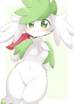 anthro anthrofied blush breasts chest_tuft featureless_breasts featureless_crotch female fluffy fluffy_ears green_eyes green_hair hair hand_on_chest kemono nude plant pokemorph small_breasts solo tuft white_body wide_hips kuzuyu nintendo pokemon elemental_creature flora_fauna generation_4_pokemon legendary_pokemon pokemon_(species) shaymin sky_forme_shaymin hi_res