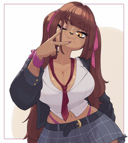 anthro bangs big_breasts biped blunt_bangs bottomwear breasts brown_body brown_hair clothed clothing eyelashes female glistening glistening_body glistening_eyelids hair long_eyelashes looking_at_viewer markings mole_(marking) navel panties pupils skirt smile solo thick_thighs thong thong_straps twintails_(hairstyle) underwear white_clothing yellow_eyes skecchiart czekoladka_(skecchiart) canid canine mammal 2025 hi_res