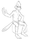 anthro barefoot beak briefs clothed clothing colored_underwear cube feet male open_mouth simple_background sitting solo topless underwear white_background thegreatmatsutzu nintendo star_fox falco_lombardi avian bird monochrome