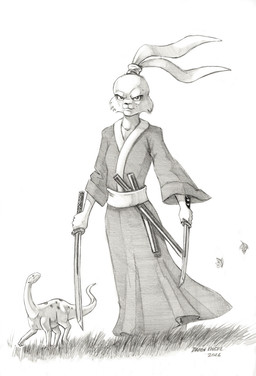 ambiguous_gender anthro clothed clothed_anthro clothing duo ears_as_hair feral holding_melee_weapon holding_object holding_sword holding_weapon katana male melee_weapon philtrum robe sword weapon baron_engel usagi_yojimbo miyamoto_usagi lagomorph leporid lizard mammal rabbit reptile scalie 2026 greyscale hi_res monochrome