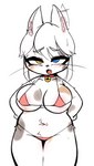 2022 absurd_res anthro bell bell_collar big_breasts bikini bikini_bottom bikini_top blush breasts clothing collar cute_fangs domestic_cat felid feline felis female fur hair heart_eyes heart_symbol heterochromia hi_res kongzoo looking_at_viewer mammal navel open_mouth pure_natural_maid_cat short_stack solo swimwear tristana_gllant two-piece_swimsuit whiskers white_body white_fur white_hair